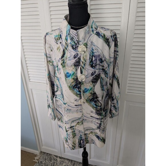 LIOR Paris Vanya Swing Jacket Women XL Cream Purple Swirl Art to Wear Lagenlook - Picture 1 of 14